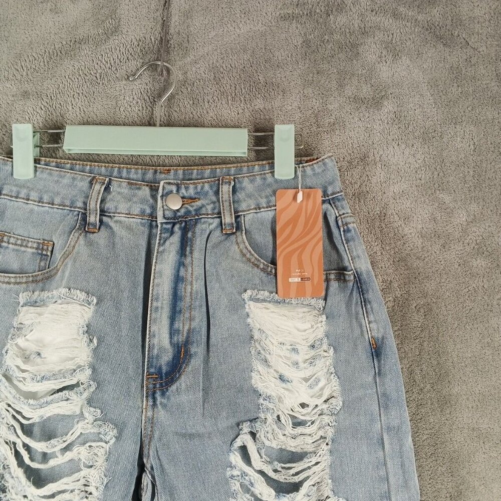 NWT SHEIN Wide Leg Hi-Rise Distressed Jeans Waist 26" Stone Wash Cotton Twill - Picture 4 of 12